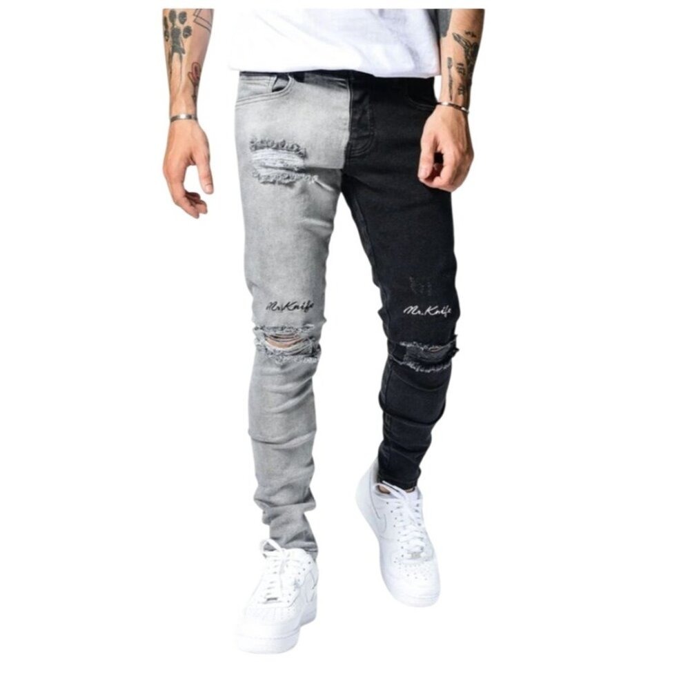 Monocloth Mens Two Tone Y2K Streetwear Jeans Size 31 Grunge Skater Embroidered